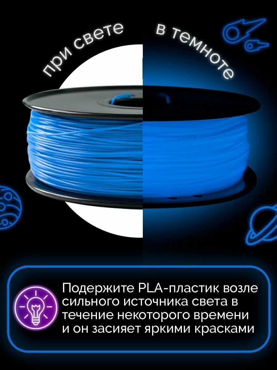 Пластик в катушке светящийся Funtasy (PLA LUMI,1.75 мм,1 кг), цвет Синий , для 3д принтера , картридж , леска , для творчества - фотография № 3