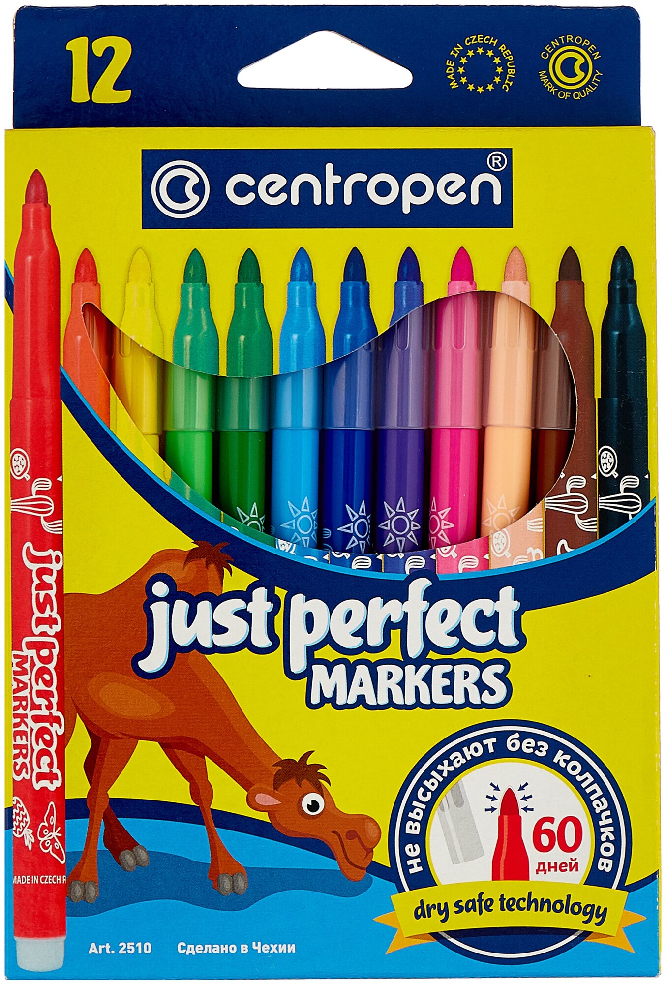 Фломастеры Centropen "Perfect", 12 цветов, ширина линии 2-3 мм, смываемые, невысыхающие (2510/12)