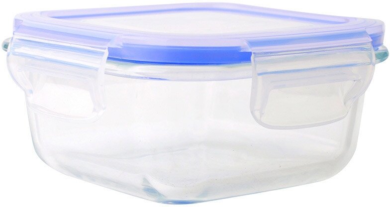 Контейнер 0.8 л из жаропрочного стекла для хранения и разогрева еды в СВЧ с крышкой на защелках из пластика Размеры: 16,1х16,1х6,9 см