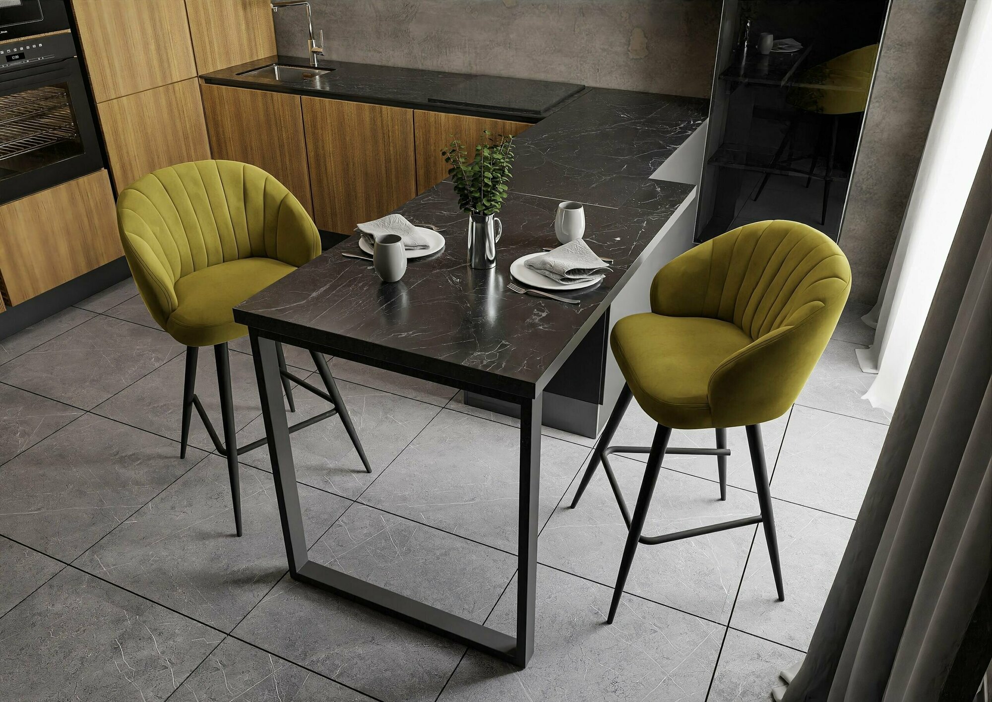 Комплект полубарных обеденных мягких стульев Zephyr бежевый велюр / поворотная черная опора, 2 шт