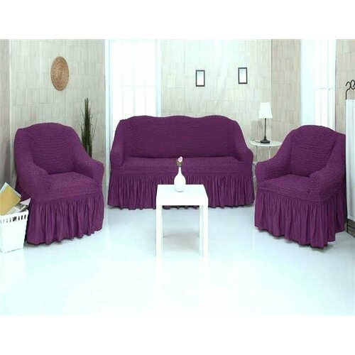 «ЧМ15225» комплект чехлов с оборкой на диван и два кресла, фиолетовый