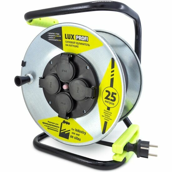 Удлинитель силовой на катушке LUX ELECTRIC LUX PROFI К4-Е-25 КГ 3x1.5 25м 16А 4 роз. с з/к защит и крышк. IP44 (74125)