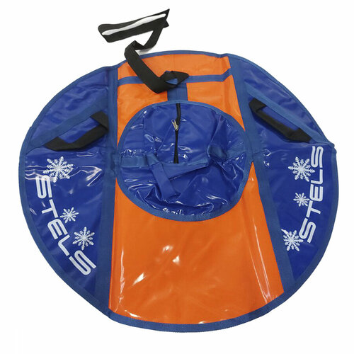 Санки надувные детские 80 см STELS, плюшка зимняя для катания, ватрушка тюбинг тент без камеры СН040 оранжевый/синий-оранжевый