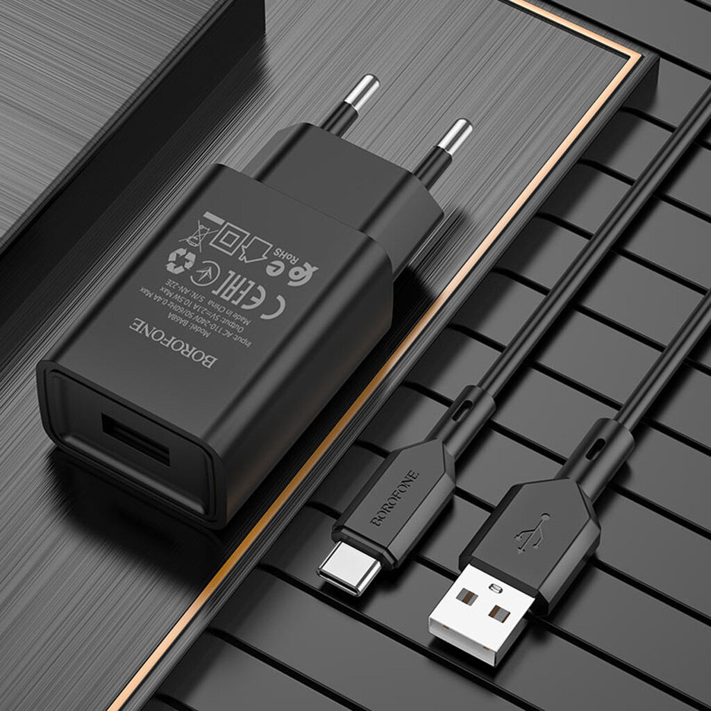 Сетевое зарядное устройство c USB Borofone BA68A+Type-C черное 21A