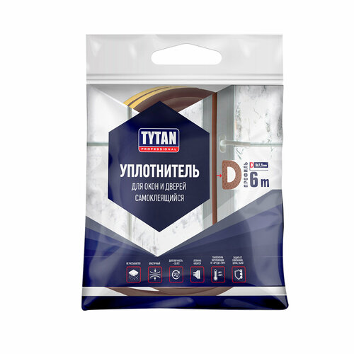 Уплотнитель для окон D-профиль Tytan Professional, 9 x 7,5 мм, 6 м, коричневый уплотнитель tytan professional d 100 м x 9 мм x 7 5 мм коричневый