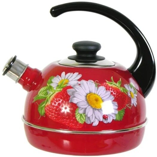 фото Чайник для плиты Клубника с ромашкой со свистком, неподвижная ручка, из эмалированной стали бордовый с рисунком 2.5л / для кипячения воды / кухонная