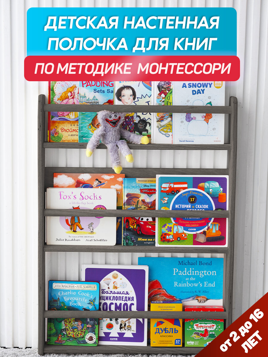 Детская настенная полочка для книг BE KIDS - L (антрацит) / Книжная полка для детей / Методика Монтессори