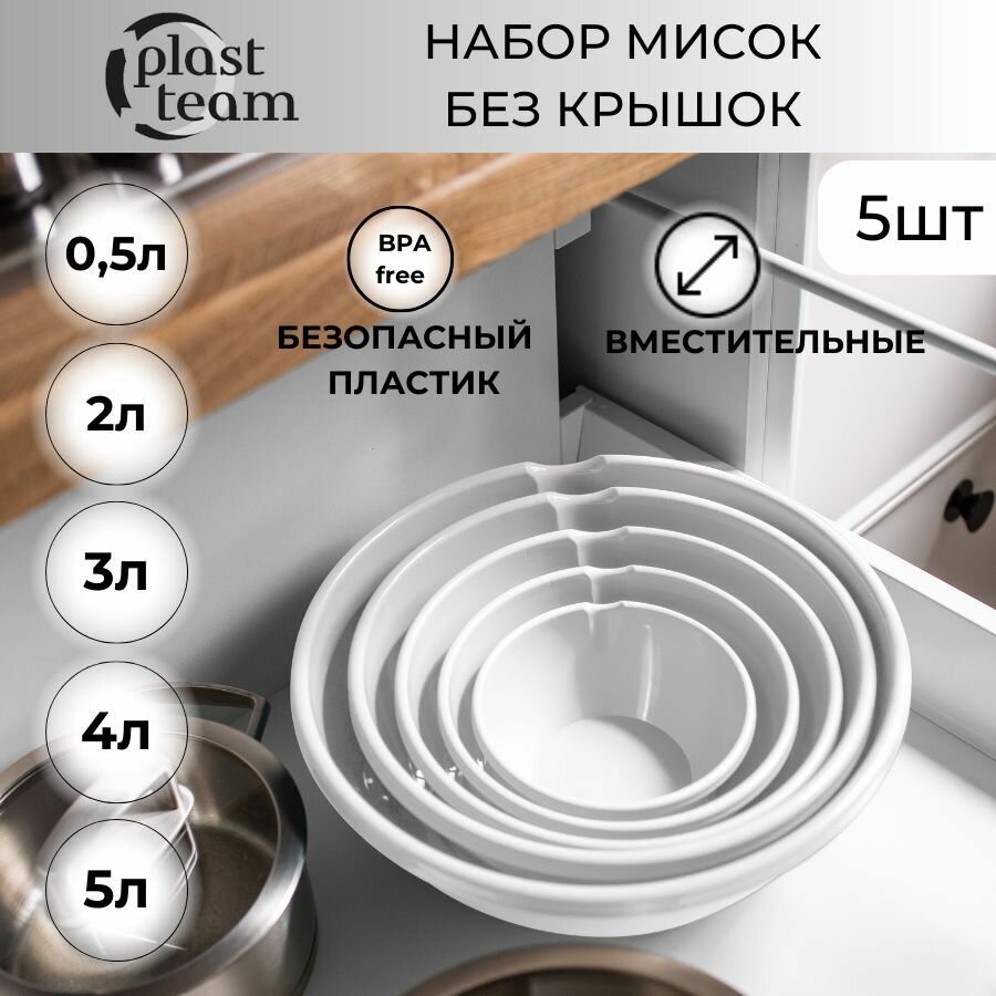 Набор мисок без крышек 5шт (5л,3л,2л,1л,0,5л) салатник пластиковый миска для кухни