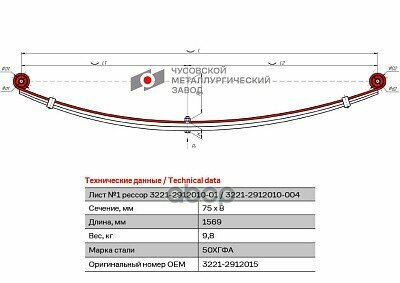 Лист Рессоры Газ-3221,3302,2705 Газель Бизнес Задней №1 С С/Б L=1569Мм Чмз ЧМЗ арт. 3221-2912015