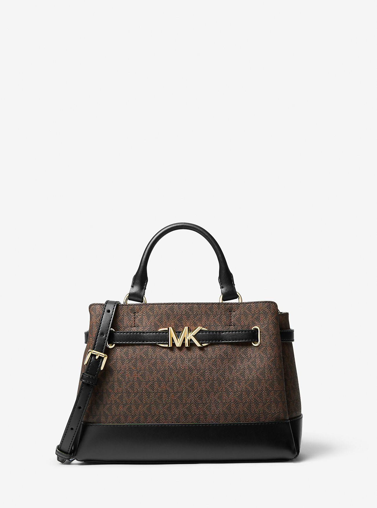 фото Сумка-сэтчел Michael Kors коричневого цвета в монограмму с декоративным ремешком и металлическим логотипом