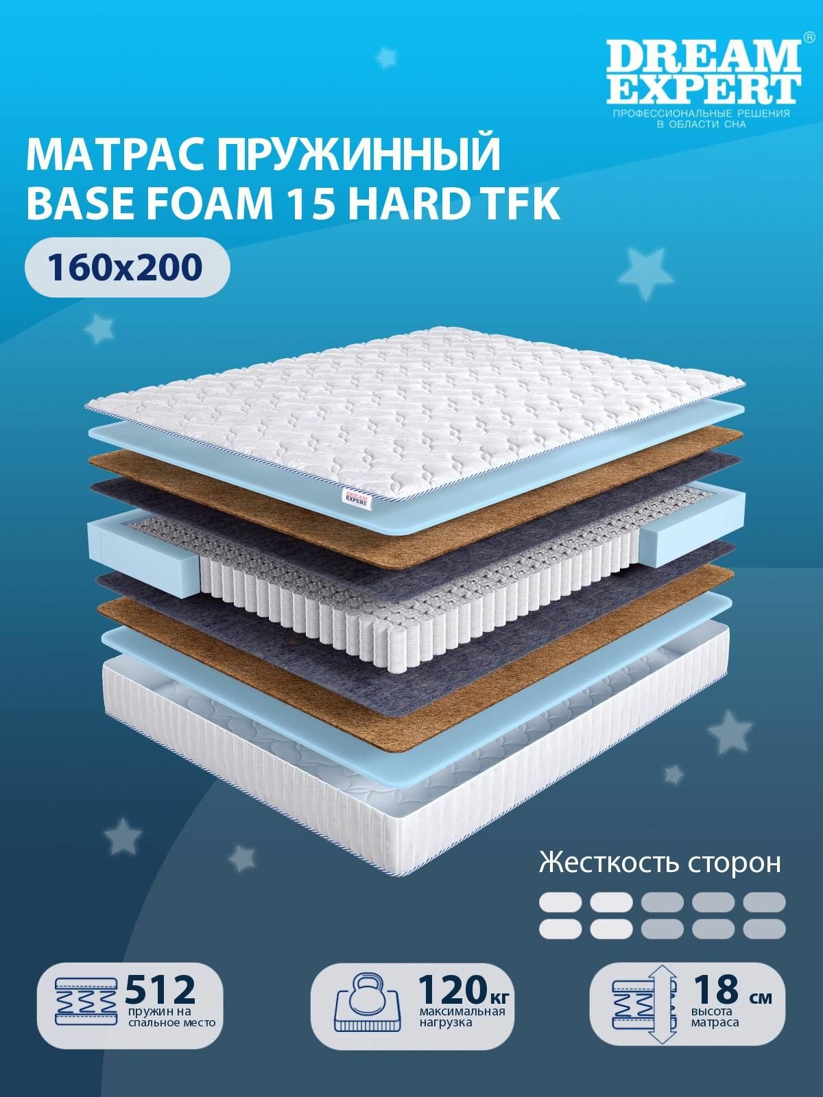 Матрас DreamExpert Base Foam 15 Hard TFK ниже средней жесткости, двуспальный, независимый пружинный блок, на кровать 160x200