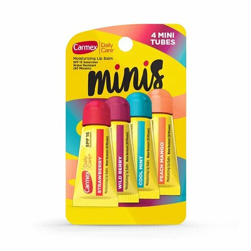 Carmex 4 Mini Tubes Набор бальзамов для губ 4 штук (веселая ягода, праздничный пунш, мятная палочка, сахарное печенье) подарочный набор бальзамов для губ с брелком