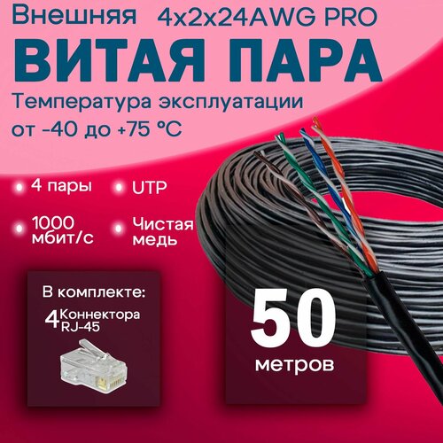 UTP Кабель витая пара, кат.5e 4x2x24AWG PRO (внешний), 50м, медь