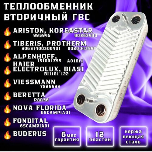 Теплообменник вторичный ГВС 12 пластин для ARISTON 995945, BERETTA R8036