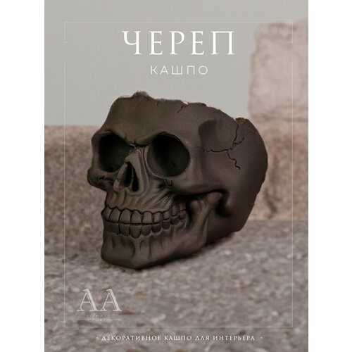 Кашпо Череп из гипса/ Органайзер для кисточек и канцелярии / Декор на хэллоуин аксессуар украшение