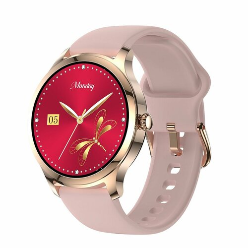 Смарт часы женские Tiroki LW92 с Bluetooth звонком голосовой ассистент пульсометр кислород в крови менструальный цикл 100 спортивных режима водонепроницаемые золото корпус силиконовый розовый ремешок 465000₽