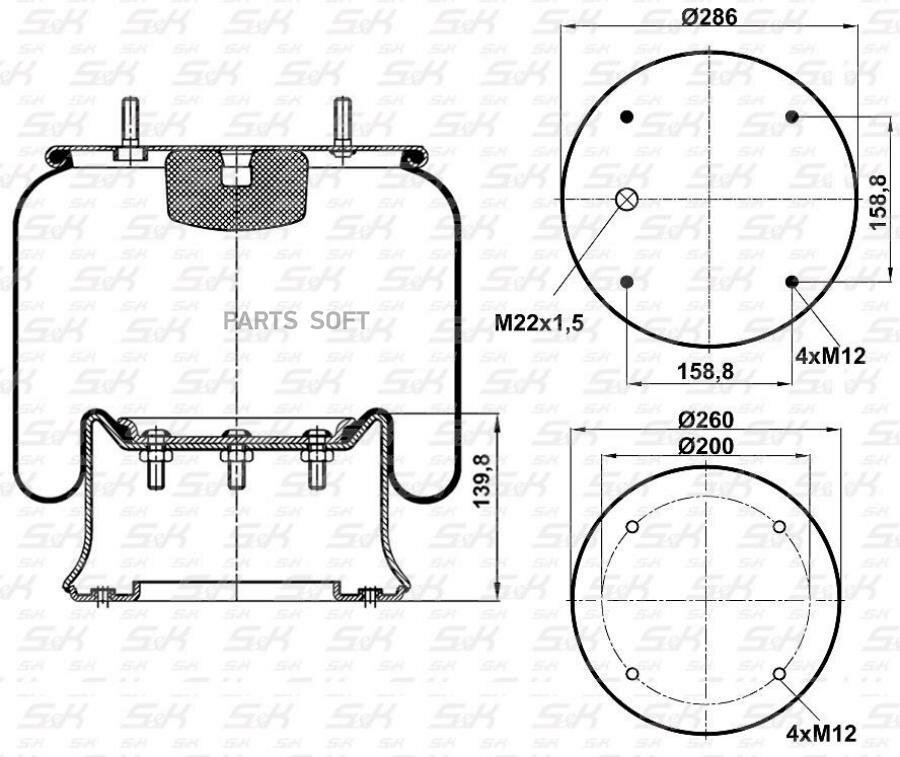 S&K SK810K01 Пневмоподушка со стаканом (металл 4 отв. M12) [4шп. M12.1отв. штуц. M22] SAF/ROR/TRAILOR/VOLVO