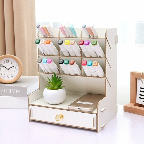 Настольный деревянный органайзер для канцелярии подставка для карандашей и ручек белый 810₽