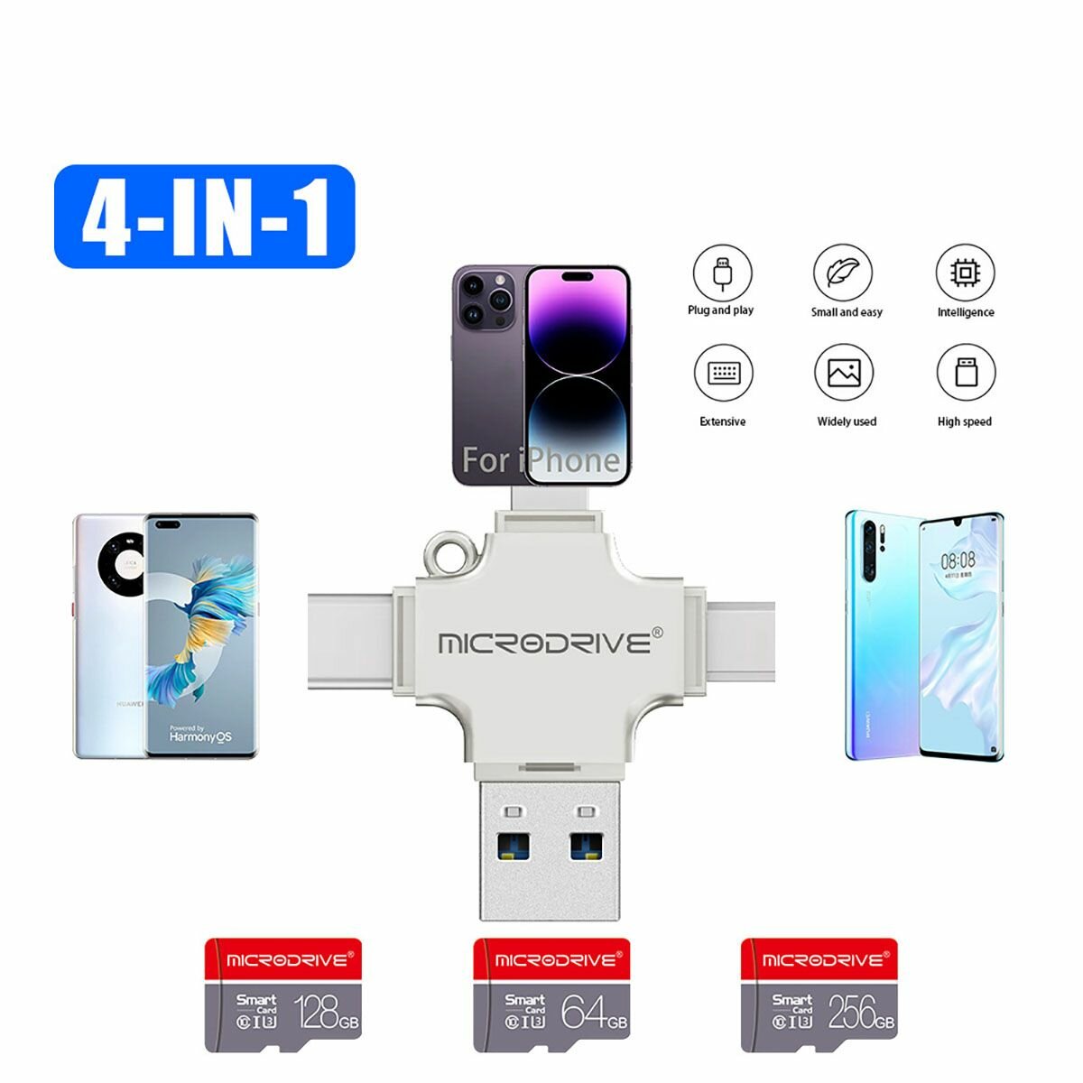 Microdrive microSD 128 Gb, 10 класс + USB флешка 4 в 1