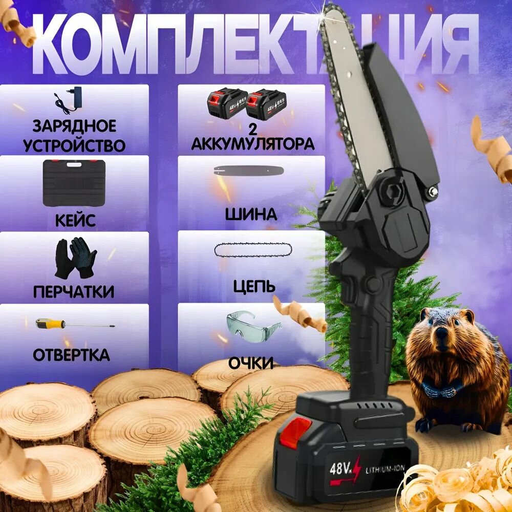 фото Пила аккумуляторная цепная HIOMEE 6 дюймов с двумя аккумуляторами в кейсе