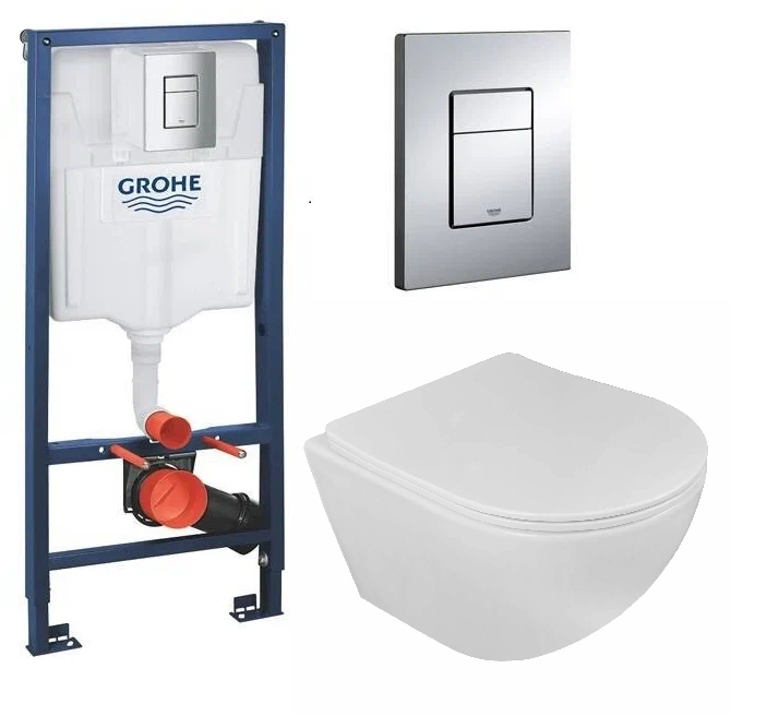 фото Готовый набор: Инсталляция Grohe 38772001 с кнопкой хром + Подвесной унитаз Loranto ESTER с быстросъемным сиденьем микролифт