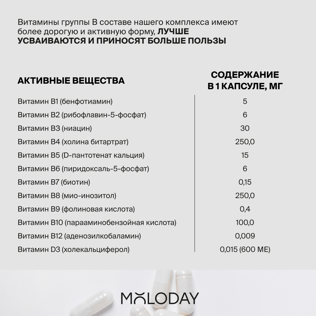 Изображение Комплекс витаминов группы В + витамин D3, MOLODAY, 60 капсул