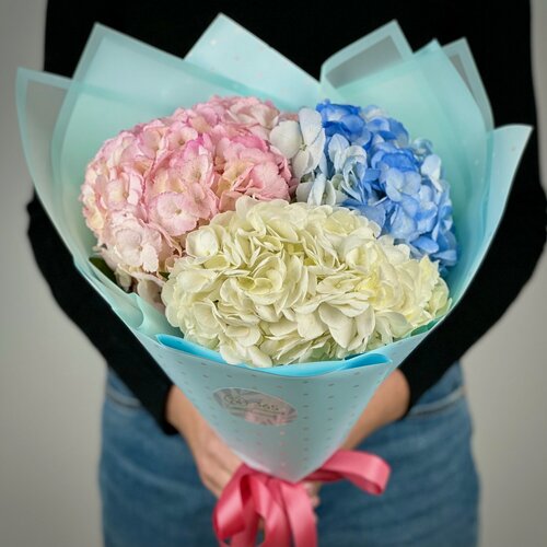Изображение товара Букет из 3 гортензий микс в стильной упаковке - живые цветы с доставкой