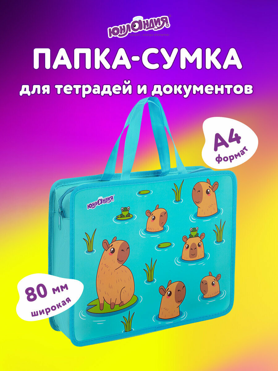 Папка на молнии с ручками Юнландия А4, 1 отделение, пластик, 80 мм, Capy time, 272154