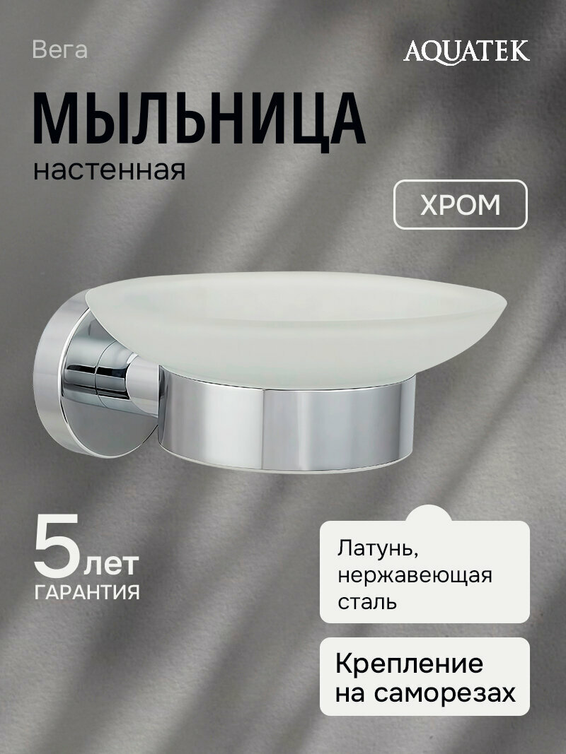 Мыльница настенная для ванной Aquatek Вега AQ4003CR стекло нержавеющая сталь хром