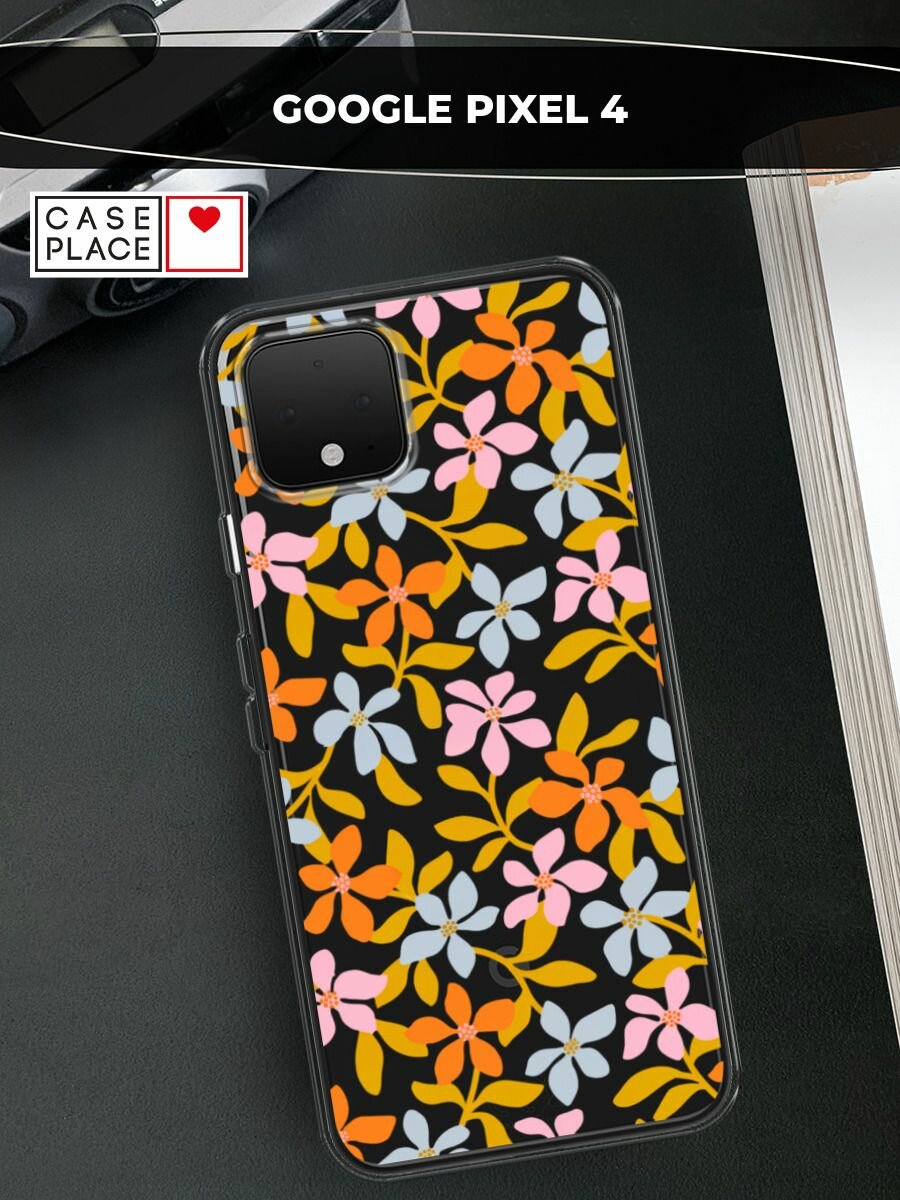 Чехол на Google Pixel 4 / Гугл Пиксель 4 с принтом "Оранжевые цветочки", прозрачный