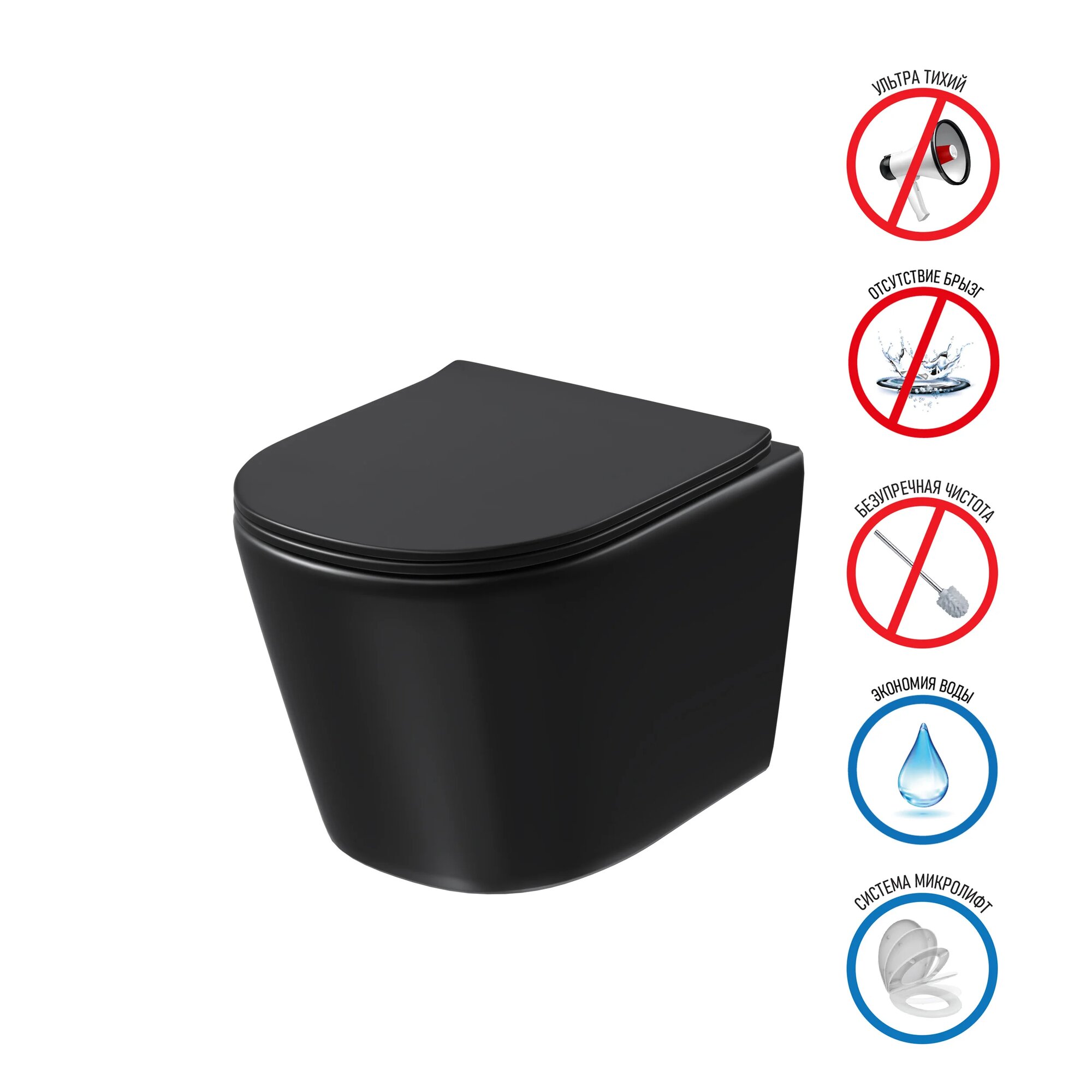 Унитаз подвесной Grossman Торнадо GR-4477BMSQ с микролифтом безободковый овальный черный без бачка фаянсовый антивсплеск