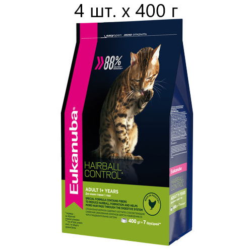 Сухой корм для кошек Eukanuba Cat Hairball Control Adult 1+ years, для вывода шерсти, для живущих в помещении, с домашней птицей, 4 шт. х 400 г