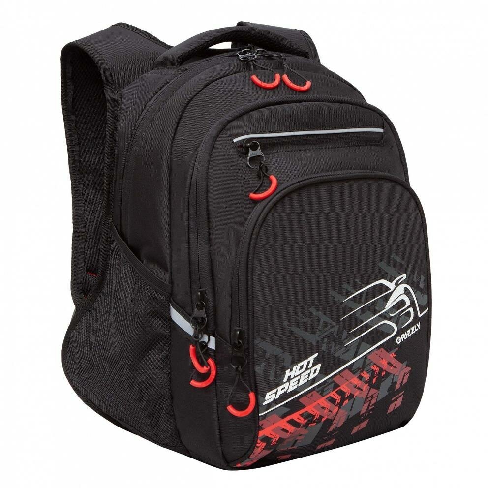Школьный рюкзак GRIZZLY RB-350-3 черный-красный, 26х38х20