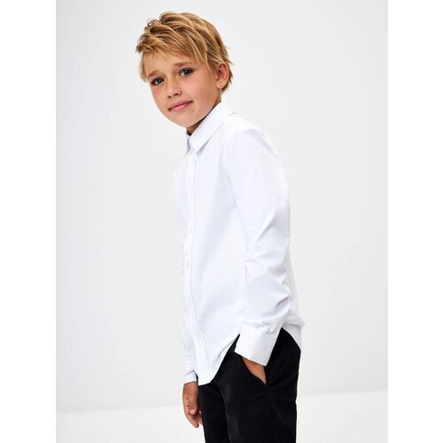 Школьная рубашка Sela, прямой силуэт, на пуговицах, длинный рукав, без карманов, манжеты, однотонная, размер 128, белый