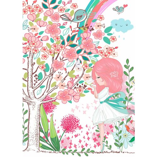 Моющиеся виниловые фотообои Рисунок. Девочка и цветущие деревья, 200х280 см