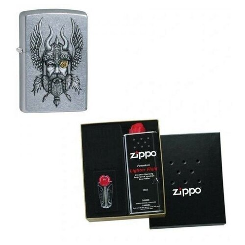 Зажигалка ZIPPO Viking Warrior Street Chrome в подарочной упаковке + топливо и кремни