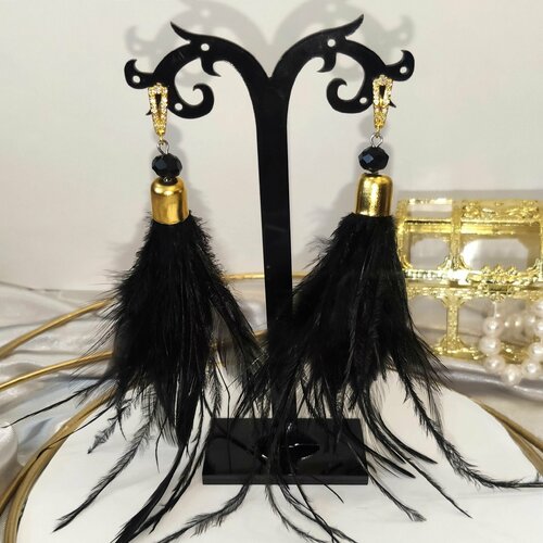 Серьги  Серьги перья длинные черные, бижутерный сплав, хрусталь, циркон, размер/диаметр 140 мм., черный, золотой
