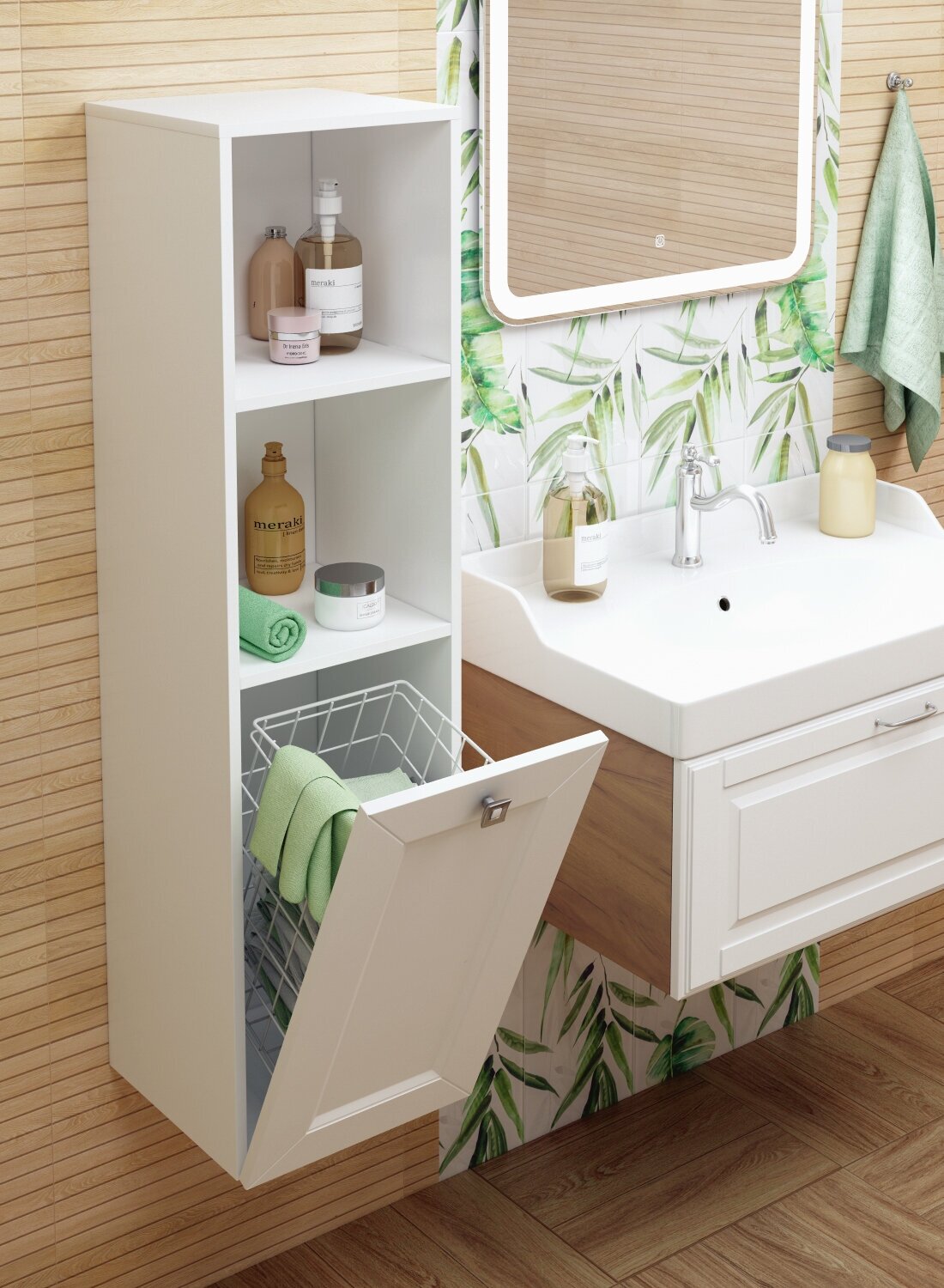 Шкаф для ванной комнаты REGENT style Пенал Гранд 2ниши 1корзина белый правый 114*30*30