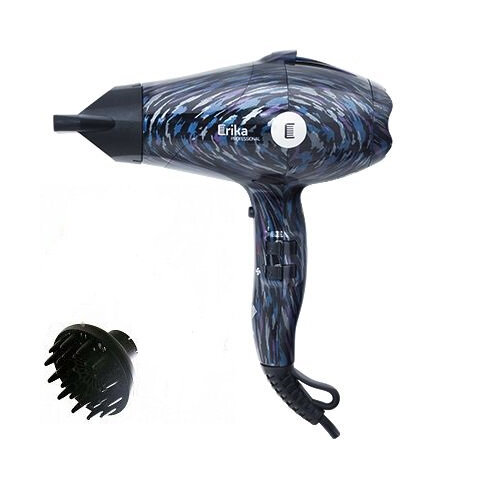 фото Фен с ионизацией потока ERIKA PROFESSIONAL HDR-002B, 2000 Вт, 19 м/с, 2,7 м, концентратор + диффузор