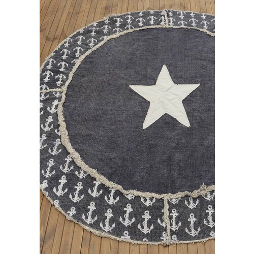 Ковер на пол 1,5 на 1,5 м в спальню, гостиную, безворсовый, синий JC International JHC-25 round blue-white anchors and star круглый