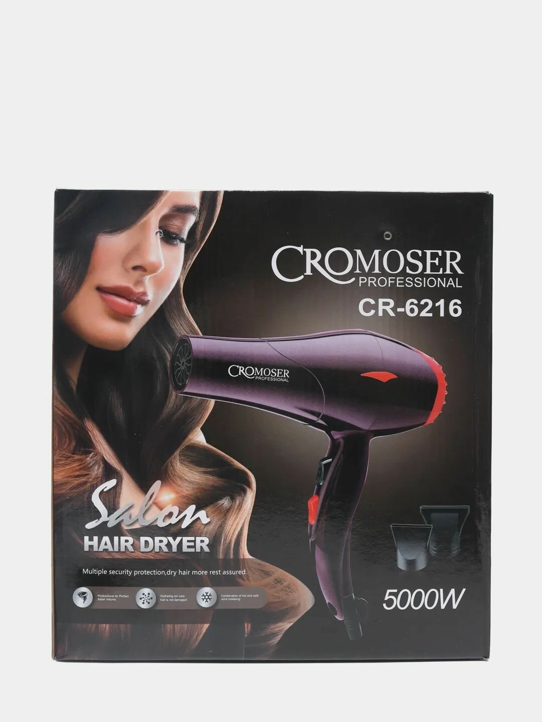 Фен Cromoser CR-6216 для сушки и укладки волос с ионизацией и двумя насадками-концентраторами 5000вт черный/Фен для укладки в домашних условиях - фотография № 2