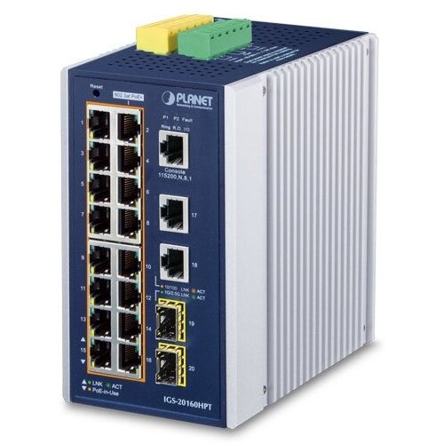Коммутатор/ PLANET IP30 Industrial L2+/L4 16-Port 1000T 802.3at PoE+ 2-Port 1000T + 2-port 100/1000X SFP Full Managed Switch (-40 to 75 C, dual redund