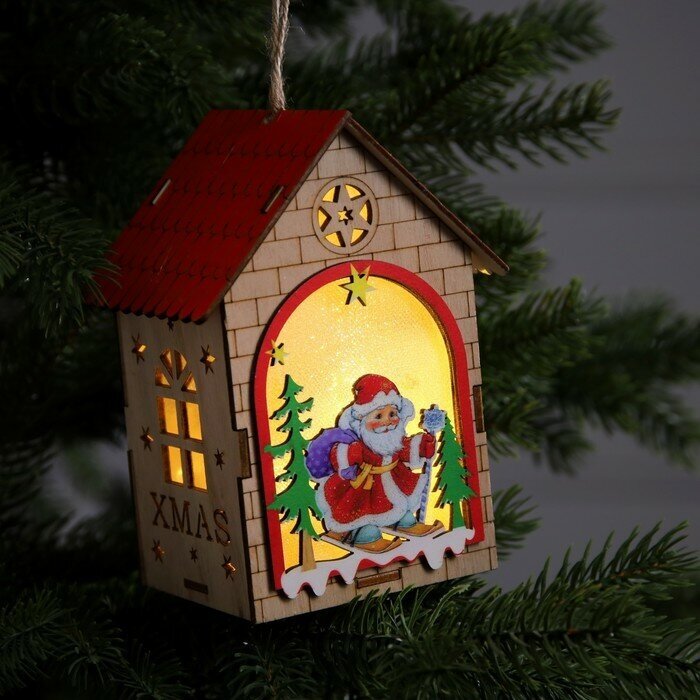 Luazon Lighting Ёлочная игрушка «Домик с Дедом Морозом», от батареек, свечение тёплое белое