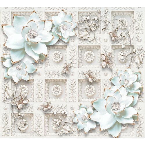Моющиеся виниловые фотообои GrandPiK Белые цветы на лепном декоре 3D, 300х270 см