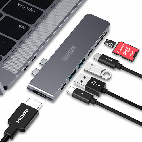 Док-станция, хаб 2хUSB-C 7-в-2, Thunderbolt 3, USB-C, USB-C PD, HDMI 4K, SD/Micro, 2xUSB-A, цвет серый (HUB-M14)