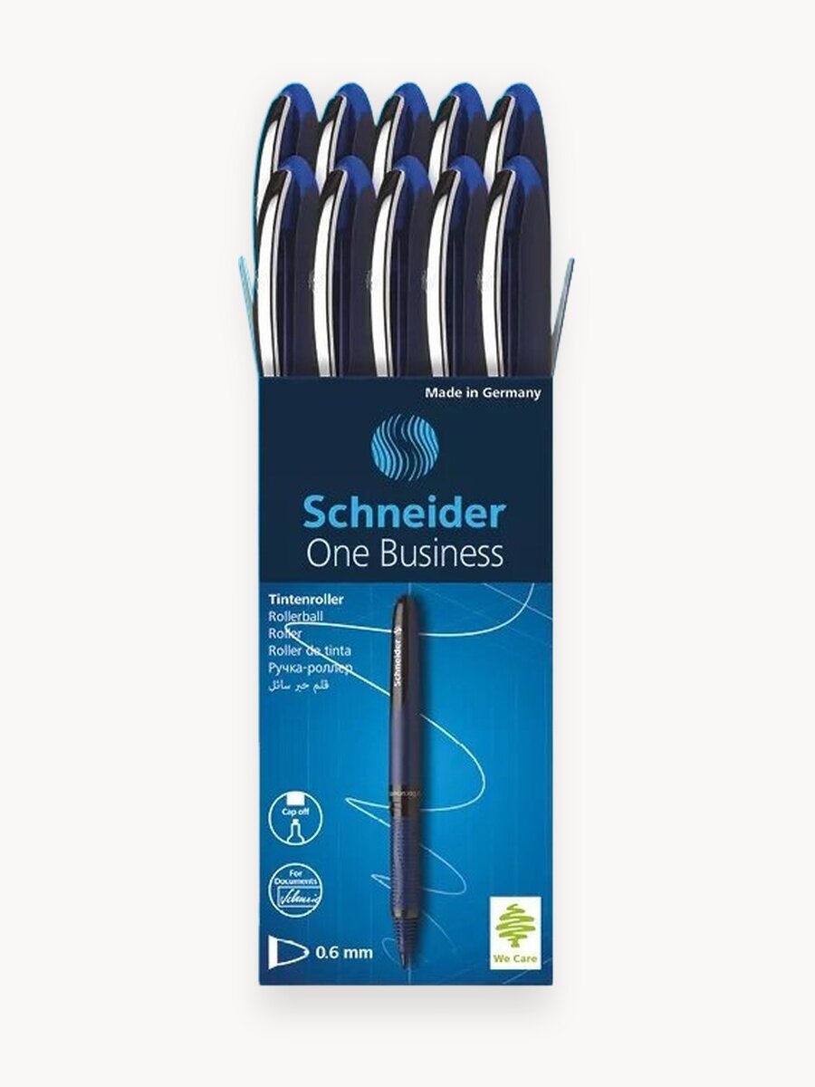 Ручка-роллер синяя для школы и офиса Schneider "One Business", линия письма 0,6 мм, эргономичный корпус, набор 10 штук