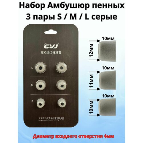 Амбушюры пенные для наушников 3 пары S/M/L серые