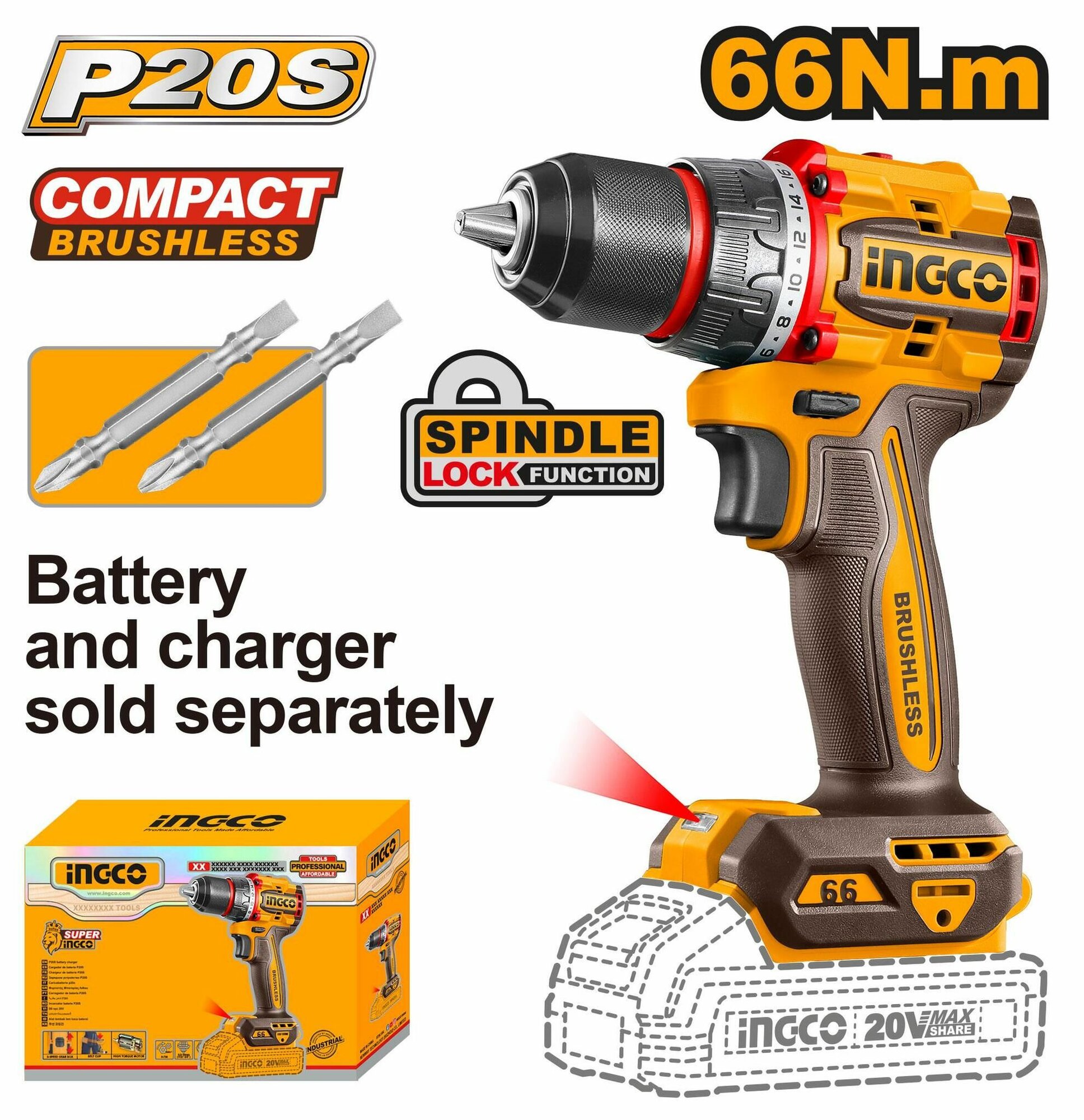 Аккумуляторный шуруповерт 20B BL 66Hm без АКБ и ЗУ SUPER INGCO CDLI206681 INDUSTRIAL