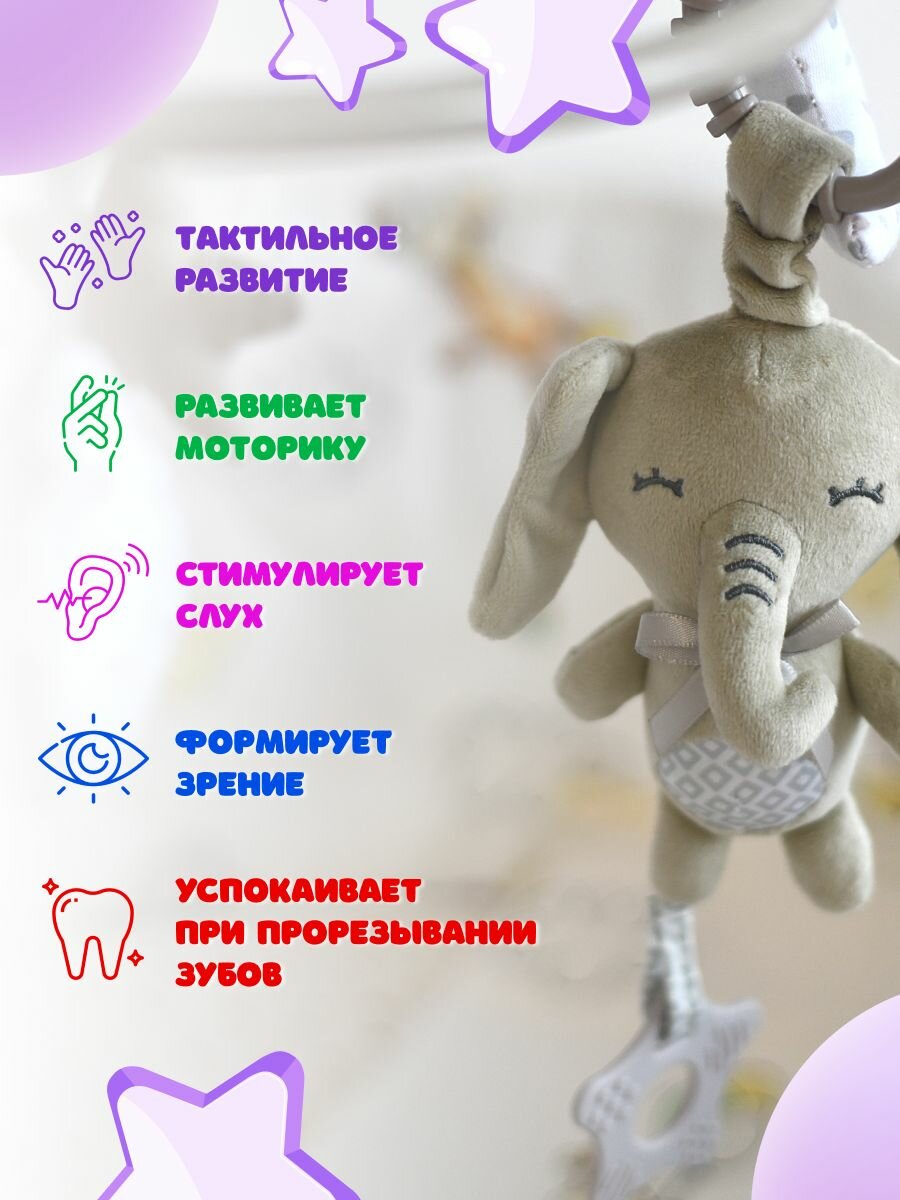 Погремушка для новорожденного 0+ мягкая с прорезывателем. Подвесная игрушка Слоник для малышей на кроватку коляску. Развивающие игрушки от 0, 6 месяцев до года — фото 1