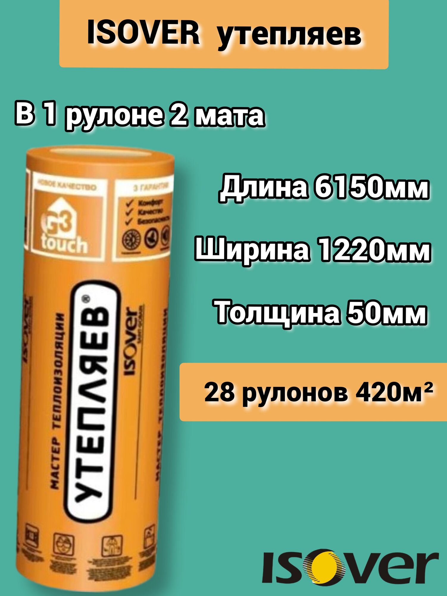 Изовер Утепляев Твин 6150*1220*50 минеральная вата из кварцевого волокна в рулоне. 28 шт (420 м2)